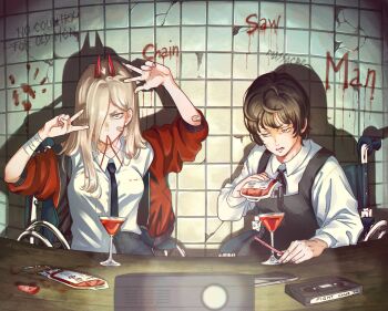 Rule 34 | 2girls, amachu a, bandaged wrist, bandages, bandaid, bandaid on arm, bandaid on cheek, bandaid on face, black hair, black necktie, blonde hair, blood, blood bag, blood on clothes, blood writing, bloody handprints, breasts, brown eyes, cellphone, chainsaw man, cocktail glass, commentary, crossover, cup, dress, drinking glass, drinking straw, english commentary, eri (sayonara eri), handprint, highres, jacket, medium breasts, mouth hold, multiple girls, necktie, phone, pinafore dress, power (chainsaw man), projector, red jacket, sayonara eri, school uniform, severed finger, shirt, short hair, sleeveless, sleeveless dress, smartphone, tile wall, tiles, v, videocassette, w, wheelchair, white shirt, yellow eyes