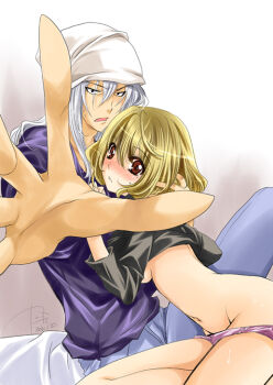 1boy 1girl aoki_yuriko bakuman blonde_hair blue_hair blush breasts brown_eyes dated foreshortening fukuda_shinta hat kanna_(plum) looking_at_viewer mole mole_under_eye navel open_mouth outstretched_hand pairing panties purple_panties short_hair signature silver_hair underboob underwear