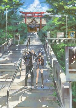 1boy 1girl ahoge bag belle_(zenless_zone_zero) black_shirt black_thighhighs blue_hair blue_jacket blue_pants blush brother_and_sister closed_eyes closed_mouth commentary_request crossed_bangs full_body grass grey_hair hair_between_eyes hair_ornament hand_in_pocket hand_on_own_chin highres jacket jewelry lamppost letter_hair_ornament lunifish necklace open_mouth outdoors pants print_shirt railing shirt shoes shoulder_bag shrine siblings single_thighhigh stairs thighhighs torii tree white_shoes wise_(zenless_zone_zero) zenless_zone_zero