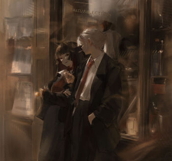 Rule 34 | 2girls, absurdres, alternate costume, black jacket, black pants, black skirt, brown hair, candy, cigarette, collared shirt, commentary, contemporary, crossed arms, food, fujiwara no mokou, grey hair, hand in pocket, highres, holding, holding candy, holding food, holding lighter, holding lollipop, houraisan kaguya, jacket, lighter, lollipop, long hair, long sleeves, multiple girls, necktie, open clothes, open jacket, open mouth, pants, ponytail, red eyes, red necktie, red sweater, sawararado, shirt, skirt, smile, sweater, touhou, white shirt