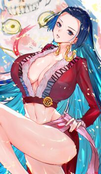 1girl absurdres black_hair blue_eyes blue_hair boa_hancock breasts commentary_request earrings forked_tongue hand_on_own_hip highres jewelry large_breasts long_hair long_sleeves narrow_waist one_piece pink_sash salome_(one_piece) sash sc_scandium sidelocks snake snake_earrings thighs tongue twitter_username