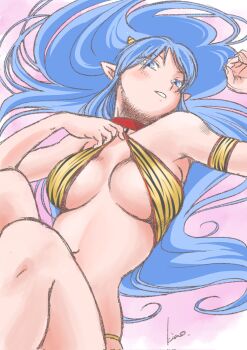 1girl animal_print armband bikini blue_eyes blue_hair breasts cone_horns corrupted_twitter_file halterneck highres horns kico_factory knees_up large_breasts long_hair looking_at_viewer lum lying navel on_back parted_lips pointy_ears print_armband print_bikini signature solo swimsuit tiger_print urusei_yatsura