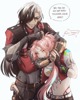 1boy 1girl ^_^ absurdres aqua_hair arm_around_neck artist_name asymmetrical_sleeves badge belt belt_buckle black_eyes black_hair black_jacket black_nails black_pants black_shorts blush boothill_(honkai:_star_rail) breasts bridal_gauntlets brown_belt buckle bullet_earrings cape closed_eyes clothing_cutout commentary cowboy_shot crop_top cropped_jacket crossed_bangs cyborg earrings english_commentary english_text fingernails gold_earrings grin gun hair_between_eyes hair_over_one_eye hair_over_shoulder hand_up handgun happy highres hip_vent holster holstered honkai:_star_rail honkai_(series) jacket jewelry long_hair long_sleeves luciidkatt medium_breasts midriff mole mole_under_eye multicolored_hair nail_polish navel noogie one_eye_covered open_clothes open_jacket pants parted_bangs pink_hair ponytail rappa_(honkai:_star_rail) red_cape red_jacket red_pupils sharp_teeth sheriff_badge shirt short_sleeves shorts sidelocks simple_background single_sleeve_past_wrist smile speech_bubble standing stomach streaked_hair teeth thigh_holster thigh_strap uneven_sleeves very_long_hair weapon white_background white_belt white_hair white_shirt zipper zipper_pull_tab