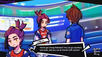 2boys ahoge antenna_hair artist_name black_hair blue_shirt brown_hair collarbone collared_shirt commentary cowboy_shot english_commentary english_text florian_(pokemon) frown highres jacket kieran_(pokemon) looking_at_another male_focus multiple_boys nintendo off_shoulder open_clothes open_jacket parted_lips persona persona_5 pokemon pokemon_scarlet_and_violet purple_hair red_vest shirt shootingstareon short_hair sidelocks single_sidelock teeth user_interface vest white_jacket yellow_eyes