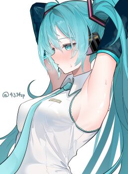 1girl absurdres aqua_eyes aqua_hair aqua_necktie aqua_trim armpit_focus armpits bare_shoulders breasts collarbone collared_shirt commentary_request detached_sleeves hair_between_eyes hair_ornament hatsune_miku highres light_blush long_hair long_sleeves medium_breasts necktie open_mouth presenting_armpit shirt simple_background sleeveless sleeveless_shirt smile solo sweat twintails upper_body very_long_hair vocaloid white_background white_shirt yomi_46neko