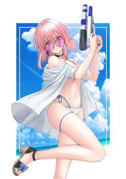 1girl absurdres beach bikini black_choker blue_sky border choker closed_mouth cloud commentary_request day hair_between_eyes heart heart-shaped_eyewear highleg highleg_bikini highres holding holding_water_gun honkai:_star_rail honkai_(series) horizon jacket looking_at_viewer march_7th_(honkai:_star_rail) navel ocean oryou_gunsou outdoors pink_hair purple_eyes sidelocks sky smile solo standing standing_on_one_leg sunglasses swimsuit v-shaped_eyebrows water_gun white_bikini white_border white_jacket