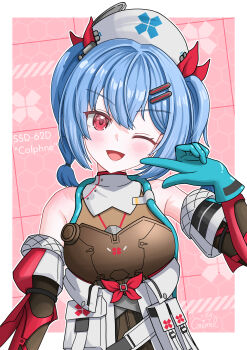 1girl ;d absurdres bare_shoulders blue_gloves blue_hair blush braid breasts character_name colphne_(girls'_frontline_2) colphne_(silent_heart)_(girls'_frontline_2) commentary_request covered_navel detached_sleeves gamel_120 girls'_frontline girls'_frontline_2:_exilium gloves hair_between_eyes hair_ornament hairclip hand_up happy hat highres jacket looking_at_viewer medium_hair nurse_cap one_eye_closed open_mouth pointing pointing_at_self red_eyes skin_tight small_breasts smile solo twin_braids twintails upper_body white_jacket