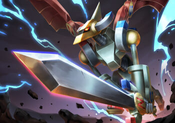 1boy absurdres armor commentary debris duel_monster electricity glowing glowing_eyes glowing_weapon highres holding holding_sword holding_weapon horns joints magnet matsumoto_(ma_tsuya) metal_skin metal_wings no_humans no_mouth no_pupils orange_eyes robot robot_joints rock shoulder_armor solo sword valkyrion_the_magna_warrior weapon wings yu-gi-oh!