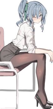 1girl absurdres alternate_costume black_pantyhose black_shoes black_skirt blue_eyes blue_hair chair collared_shirt commentary double-parted_bangs elbows_on_knees from_side hair_between_eyes hair_ribbon high_heels highres hololive hoshimachi_suisei looking_at_viewer medium_hair miniskirt office_lady on_chair one_eye_closed pantyhose pencil_skirt ribbon scarlet_(wv0102) shirt shirt_tucked_in shoes side_ponytail sidelocks simple_background sitting skirt sleeves_rolled_up solo star_(symbol) star_in_eye symbol-only_commentary symbol_in_eye three-quarter_sleeves virtual_youtuber white_background white_shirt