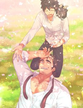 3boys bara bone_color919 brown_hair cherry_blossoms chest_hair cigarette creature creature_on_shoulder facial_hair from_above furry furry_male happy highres large_pectorals lying male_focus mature_male mononobe_kyoma multicolored_hair multiple_boys muscular muscular_male necktie on_back on_shoulder one_eye_closed pectorals protagonist_4_(housamo) salomon_(housamo) short_hair sideburns_stubble smile streaked_hair stubble thick_eyebrows tokyo_houkago_summoners undone_necktie white_hair yaoi