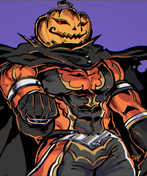 Rule 34 | 1boy, black cape, cape, clenched hand, grimms notes, jack-o'-lantern (grimms notes), looking at viewer, male focus, muscular, muscular male, open mouth, plus08 (tasuhachi), pumpkin head, red eyes, smile, solo