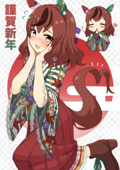 1girl =_= animal_ears black_hair blush boots bowl brown_boots brown_eyes brown_hair brown_tail chibi chibi_inset chopsticks commentary_request ear_covers egasumi flying_sweatdrops food green_kimono hands_on_own_cheeks hands_on_own_face heart heart_tail highres holding holding_bowl holding_chopsticks horse_ears horse_girl horse_tail japanese_clothes kimono looking_at_viewer medium_hair mismatched_ear_covers mochi mochi_trail multiple_views nice_nature_(converging_wishes)_(umamusume) nice_nature_(umamusume) official_alternate_costume official_alternate_hairstyle open_mouth patterned_background pinstripe_kimono pinstripe_pattern seiji_(artman) smile striped_clothes striped_kimono tail umamusume vertical-striped_clothes vertical-striped_kimono wide_sleeves