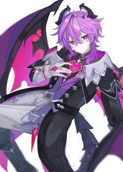 Rule 34 | 1boy, 77 tarte, black boots, boots, closed mouth, commentary request, crossed bangs, dragon boy, dragon horns, dragon tail, dragon wings, durin (genshin impact), genshin impact, gloves, hand on own chest, highres, horns, long sleeves, looking at viewer, male focus, purple hair, solo, tail, white background, white gloves, wings