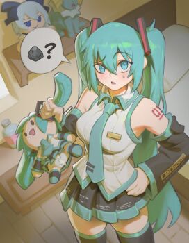 1girl ? absurdres aqua_eyes aqua_hair aqua_necktie aqua_trim arm_tattoo bare_shoulders bed bedroom black_boots black_skirt black_sleeves boots bottle breasts character_doll cirno collared_shirt confused cowboy_shot detached_sleeves doll fumo_(doll) gen_1_pokemon grey_shirt hair_between_eyes hair_ornament hand_on_own_hip hatsune_miku highres holding holding_doll indoors large_breasts light_blush long_hair looking_at_viewer miniskirt necktie nightstand nintendo number_tattoo pacpoi parted_lips pillow plastic_bottle pleated_skirt pokemon raised_eyebrow rock shelf shirt skirt sleeveless sleeveless_shirt small_sweatdrop solo spoken_object standing tattoo thigh_boots tie_clip touhou twintails vaporeon very_long_hair vocaloid water_bottle