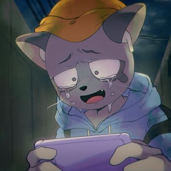 1boy :d backpack bag beanie black_bag black_eyes blue_hoodie cat_boy cellphone cougar crying earbuds earphones fang furrowed_brow furry furry_male grey_fur hat highres holding holding_phone hood hoodie night odd_taxi omochiutyu open_mouth phone power_lines road sky smartphone smile snout solo street tanaka_hajime_(odd_taxi) tears whiskers yellow_hat