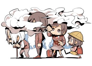 age_progression aged_down backpack bag blazer brown_eyes brown_hair cane chibi child cloud commentary_request evolution formal_clothes hat high_heels hounori jacket kneehighs necktie old original pants pantyhose randoseru school_uniform shoes short_hair shoulder_bag skirt socks suit thighhighs truth white_hair