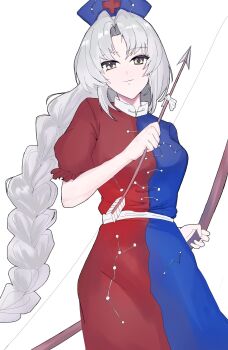 1girl arrow_(projectile) blue_hat bow_(weapon) braid constellation_print dress hat highres holding holding_arrow holding_bow_(weapon) holding_weapon long_hair looking_at_viewer min122309 simple_background solo touhou two-tone_dress weapon white_background white_hair yagokoro_eirin