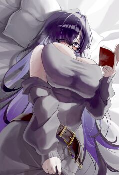 1girl absurdres belt black-framed_eyewear black_hair blush book breasts brown_belt colored_inner_hair commentary_request dress eong-geum-eong-geum glasses goddess_of_victory:_nikke grey_dress hair_over_one_eye highres holding holding_book huge_breasts label_(nikke) large_breasts looking_at_viewer lying multicolored_hair on_back purple_eyes purple_hair solo