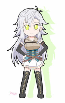 Rule 34 | 1girl, black sleeves, boots, breasts, chibi, curtained hair, eiyuu densetsu, fie claussell, green eyes, hair between eyes, high heel boots, high heels, kuro no kiseki (series), long hair, looking at viewer, lowres, sen no kiseki (series), shadow, simple background, small breasts, white hair, xiacheng tatsuya, yellow eyes