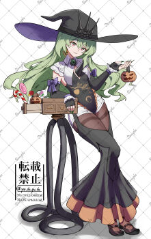 1girl absurdres black_leotard black_pantyhose breasts candy commentary_request detached_sleeves earrings fake_nails food full_body green_nails halloween_bucket hat highres honkai_(series) honkai_impact_3rd jewelry leotard long_hair looking_at_viewer mobius_(honkai_impact) pantyhose slit_pupils small_breasts solo spikes very_long_hair watermark watermark_grid witch witch_hat yu_da_yu_da