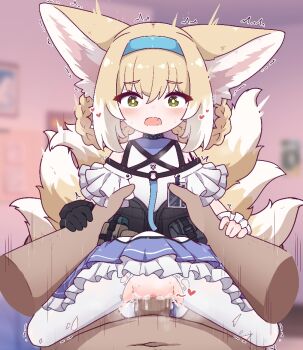 1boy 1girl age_difference animal_ear_fluff animal_ears arknights bedroom black_gloves blonde_hair blue_dress blue_hairband braid censored clothed_female_nude_male cowgirl_position cum cum_in_pussy disembodied_hand dress ejaculation fox_ears fox_girl fox_tail frilled_dress frilled_skirt frills gloves green_eyes hair_between_eyes hairband hand_on_another's_arm heart hetero id_card indoors infection_monitor_(arknights) kitsune kurotofu large_ears loli looking_at_viewer material_growth medium_hair mosaic_censoring motion_lines multicolored_hair multiple_tails no_panties nude off-shoulder_dress off_shoulder open_mouth oripathy_lesion_(arknights) pantyhose penis pouch rope rottenduck saliva sex shimenawa size_difference skirt steam steaming_body straddling surprised suzuran_(arknights) tactical_clothes tail torn_clothes torn_pantyhose two-tone_hair vaginal variant_set waist_grab white_fur white_hair white_pantyhose wide-eyed