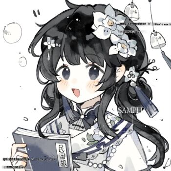 1girl :d black_bow black_bowtie black_eyes black_hair blush book bow bowtie flower hair_flower hair_ornament highres holding holding_book jewelry long_hair necklace open_mouth original portrait sample_watermark shirt simple_background smile solo watermark white_background white_flower white_shirt zhixiao