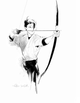 Rule 34 | 1boy, archery, arrow (projectile), artistguillotine, bow (weapon), chinese commentary, closed mouth, commentary request, dated, earrings, getou suguru, greyscale, highres, holding, holding bow (weapon), holding weapon, japanese clothes, jewelry, jujutsu kaisen, kimono, kyuudou, monochrome, short hair, short sleeves, signature, simple background, sketch, solo, weapon, white background, yumi (bow)