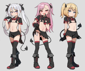 3girls :3 :d absurdres bikini black_bikini black_footwear black_gloves black_legwear black_shirt black_skirt blonde_hair blue_eyes blush boots bow bowtie censored cleft_of_venus closed_mouth clothes_lift condom condom_belt contrapposto cross-laced_footwear crotchless crotchless_bikini crotchless_panties demon_girl demon_tail dot_nose expressionless fang fang_out female_focus finger_to_cheek finger_to_mouth flat_chest fold-over_boots full_body gloves grey_background grey_hair hair_ornament half-closed_eyes heart heart_censor highres knee_boots legs_apart legs_together lifting_own_clothes loli long_hair looking_at_viewer medium_hair micro_bikini miniskirt multiple_girls navel one_side_up open_mouth original panties pigeon-toed pink_hair pleated_skirt purple_eyes pussy pussy_cutout red_bow red_eyes red_neckwear shiny_skin shirt short_hair short_sleeves shrug_(clothing) shushing side-tie_bikini_bottom simple_background skirt skirt_lift smile smug standing swimsuit tail thighhighs twintails underwear used_condom wagashi_(dagashiya) zettai_ryouiki