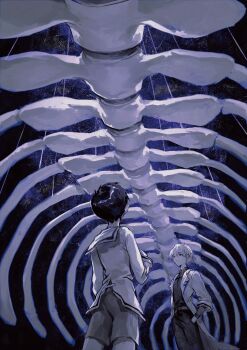 2boys absurdres bone hands_in_pockets highres ikari_shinji male_focus monochrome multiple_boys nagisa_kaworu neon_genesis_evangelion sasishuibulabo shorts