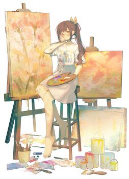 Rule 34 | 1girl, absurdres, artist painter, barefoot, bloom festival (project sekai), blush, brown hair, canvas (object), commentary request, easel, expressionless, glasses, hand up, high-waist skirt, highres, holding, holding paint palette, holding paintbrush, knees, long hair, looking at viewer, official alternate costume, official alternate hair length, official alternate hairstyle, on stool, orange eyes, paint, paint can, paint palette, paint stains, paintbrush, painting (action), painting (object), ponytail, print shirt, project sekai, ribbon, ritzchrono, semi-rimless eyewear, shinonome ena, shirt, simple background, sitting, skirt, solo, stool, waist ribbon, white background, white ribbon, white shirt, white skirt