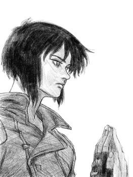 1girl commentary_request expressionless fingerless_gloves ghost_in_the_shell gloves greyscale highres jacket kusanagi_motoko monochrome reflection short_hair simple_background solo tanaka_atsuko tp_p_pt upper_body