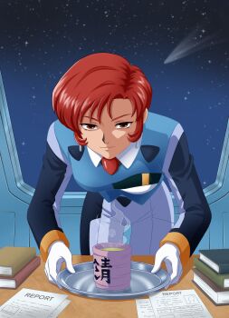 1girl absurdres artsy_world bent_over bent_over_furniture breasts commission commissioner_upload cup evil_smile gloves highres holding holding_cup long_sleeves looking_at_viewer pants police police_uniform policewoman red_eyes red_hair shaded_face short_hair smile space tea tenchi_muyou! tight_clothes tight_pants white_gloves