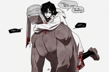 Rule 34 | 1boy, 1girl, bandaged head, bandages, bbabbamis2, black hair, blood, blood on clothes, bloody bandages, carrying, commentary, english commentary, grey background, adashino adami, highres, homicipher, korean text, looking at another, mr. machete, muscular, muscular male, piggyback, raincoat, red eyes, sharp teeth, teeth, translation request, white raincoat