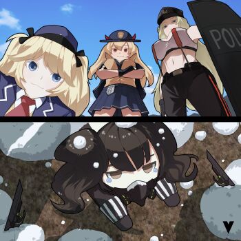4girls :3 apu_spills_his_tendies_(meme) ballistic_shield black_gloves black_hair blonde_hair blue_eyes blue_skirt blue_sky breasts brown_eyes chibi closed_mouth crossed_arms female_focus foam fp-6_(girls&#039;_frontline) gameplay_mechanics gas_mask girls&#039;_frontline gloves green_hair hat highres horns large_breasts long_hair looking_at_viewer looking_down looking_up m870_(girls&#039;_frontline) mask meme multiple_girls multiple_views navel pants respirator sangvis_ferri scarecrow_(girls&#039;_frontline) shield short_twintails skirt sky smile super-shorty_(girls&#039;_frontline) tearing_up twintails variasii