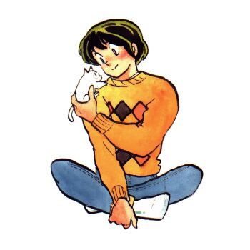 Rule 34 | 1boy, animal, animal on shoulder, baby animal, black eyes, brown hair, cat, cat on shoulder, closed mouth, denim, godai yuusaku, highres, holding, holding animal, holding cat, jeans, kitten, long sleeves, looking at another, looking to the side, maison ikkoku, non-web source, official art, orange sweater, pants, print sweater, simple background, smile, socks, square print, sweater, takahashi rumiko, white cat, white socks