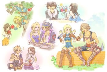 5boys 5girls abs ahoge apple armor bare_shoulders black_choker black_gloves black_jacket black_overalls blonde_hair blue_cardigan blue_shirt blue_skirt blush bodysuit bottle braid breasts brick_wall brown_footwear brown_hair cardigan celes_chere chain chain_necklace choker couple cropped_vest crystal cup detached_sleeves drinking_glass eating final_fantasy final_fantasy_ix final_fantasy_vi final_fantasy_viii final_fantasy_x final_fantasy_xii food fruit full_body fur-trimmed_jacket fur_trim garnet_til_alexandros_xvii gloves green_head_scarf hair_ornament highres holding holding_bottle holding_food holding_fruit in_tree indian_style jacket japanese_clothes jasmine_82 jewelry juliet_sleeves kneeling leather_armor locke_cole long_hair long_sleeves low_ponytail medium_breasts midriff monkey_tail multiple_boys multiple_girls necklace nontraditional_miko obi onigiri open_mouth orange_bodysuit overalls own_hands_clasped own_hands_together parted_bangs pendant penelo plate pleated_skirt ponytail popped_collar puffy_sleeves red_gloves rinoa_heartilly sabotender sash shared_drink shirt short_hair single_shoulder_pad sitting skirt squall_leonhart tail tidus tree twin_braids upper_body vaan_(ff12) vest wavy_hair wavy_mouth white_shirt white_sleeves wide_sleeves wine_glass yuna_(ff10) zidane_tribal