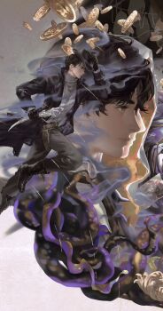 Rule 34 | 2boys, adjusting clothes, adjusting headwear, belt, black boots, black coat, black gloves, black hair, black hat, boots, brown eyes, cane, coat, coin, dagger, dual persona, fog, from side, gehrman sparrow, glasses, gloves, gold coin, hand on headwear, hat, highres, holding, holding dagger, holding knife, holding weapon, holster, holstered, klein moretti, knife, lord of the mysteries, male focus, multiple boys, pants, profile, projected inset, running, shirt, short hair, smoke, tentacles, weapon, white shirt, xuxu (tsutsuji129)