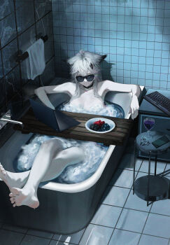 absurdres animal_ears arknights barefoot bathing bathroom blackberry_(fruit) blueberry collar computer computer_keyboard cup drinking_glass feet food fruit highres in_bathtub kiqusha lappland_(arknights) laptop looking_at_viewer raspberry smirk soap_bubbles soles sunglasses toes white_hair wine_glass wolf_ears wolf_girl