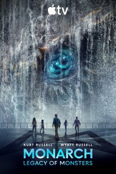 2boys 3girls apple_inc. asian black_hair blue_eyes blue_sclera cate_randa character_request colored_sclera crossover dark-skinned_female dark_skin dreadlocks english_text extra_corona extra_iris extra_pupils giant giant_monster glowing glowing_eyes glowing_iris godzilla_(series) grey_hair highres kaiju keiko_randa kentaro_randa king_kong_(series) legendary_pictures leland_shaw logo long_hair may_olowe-hewitt monarch:_legacy_of_monsters monster monsterverse multiple_boys multiple_girls official_art poster_(medium) sea_monster short_hair show_poster very_dark_skin water