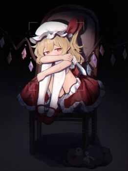 1girl absurdres blonde_hair bloomers chair commentary_request crystal_wings dark flandre_scarlet frilled_skirt frills full_body hair_ribbon hat highres hugging_own_legs knees_up lonely mary_janes mob_cap on_chair one_side_up pointy_ears puffy_short_sleeves puffy_sleeves red_eyes red_ribbon red_shoes red_skirt red_vest ribbon shoes short_sleeves sitting skirt solo static stuffed_animal stuffed_toy teddy_bear thighhighs touhou underwear vest viewfinder white_bloomers white_hat white_thighhighs wings yuuneka