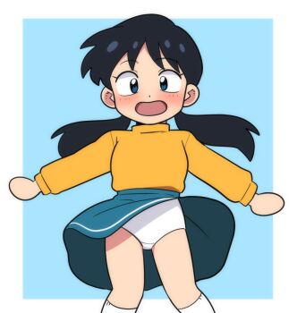 1girl black_hair blue_background blue_eyes blue_skirt blush crotch_seam flat_chest kneehighs loli long_hair long_sleeves looking_down low_twintails open_mouth orange_shirt original panties shirt skirt socks standing twintails underwear white_panties white_socks wind wind_lift yume_yoroi