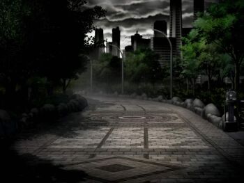 artist_request brick_road building bush city cloud cloudy_sky dark day debris game_cg lamppost light_rays magia_record:_mahou_shoujo_madoka_magica_gaiden mahou_shoujo_madoka_magica no_humans official_art outdoors park path road rock scenery shadow sky skyscraper sunlight tree