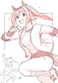 1girl animal_ears arm_up bandaid bandaid_on_leg bow breasts buruma ear_bow ear_covers fingerless_gloves flower-shaped_pupils flower_in_eye gloves hairband haru_urara_(bestest_prize)_(umamusume) haru_urara_(umamusume) headband horse_ears horse_girl horse_tail jacket kakuanko long_hair one_eye_closed open_mouth pink_buruma pink_eyes pink_hair pink_headband ponytail red_buruma red_gloves red_headband shirt smile symbol-shaped_pupils symbol_in_eye tail umamusume white_jacket white_shirt