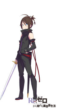 absurdres aged_down antenna_hair belt black_cape black_pants black_shirt black_shoes blue_eyes cape closed_mouth commentary_request copyright_name detached_sleeves dress_shoes full_body hair_between_eyes highres holding holding_sword holding_weapon looking_at_viewer official_art ootsuka_shin&#039;ichirou pants ponytail re:zero_kara_hajimeru_isekai_seikatsu red_belt scabbard sheath shirt shoes short_hair short_ponytail sidelocks simple_background sleeveless sleeveless_shirt solo standing sword tachi-e title tsurime v-shaped_eyebrows weapon white_background wilhelm_(re:zero)