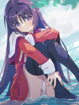 1girl akayama_yukihe black_thighhighs blue_eyes blue_hair blush cameltoe capelet closed_mouth commentary_request dappled_sunlight day dress eyes_visible_through_hair foot_out_of_frame hair_between_eyes hair_intakes highres hugging_own_legs kanon knees_together_feet_apart knees_up long_hair long_sleeves looking_at_viewer minase_nayuki no_shoes outdoors panties red_dress school_uniform short_dress sitting smile solo split_mouth straight_hair sunlight thighhighs thighs underwear very_long_hair water white_capelet white_panties