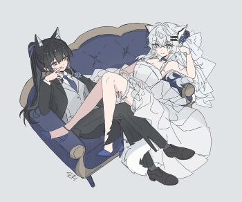 2girls animal_ears arknights black_hair black_jacket black_pants black_shoes black_vs_white blue_choker blue_eyes blue_flower blue_necktie blue_rose blue_shoes choker closed_mouth collared_shirt commentary couch dress female_focus flower gloves grey_background grey_vest hair_flower hair_ornament hand_on_another&#039;s_thigh high_heels highres jacket lappland_(arknights) long_hair looking_at_another multiple_girls necktie on_couch orange_hair pants parted_lips ponytail rose scar scar_across_eye scar_on_face seri_(vyrlw) shirt shoes simple_background sitting smile symbol-only_commentary tail tail_around_another&#039;s_leg tail_wrap texas_(arknights) thigh_strap vest wedding_dress white_dress white_gloves white_hair white_shirt wife_and_wife wolf_ears wolf_girl wolf_tail yuri