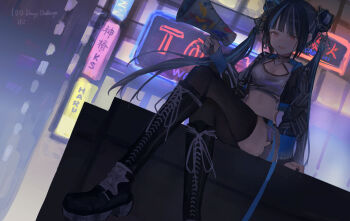 Rule 34 | 1girl, :d, arm support, belt, black belt, black hair, black jacket, black nails, black thighhighs, blue streaks, boots, breasts, catzz, cleavage, cleavage cutout, clothing cutout, commentary request, crop top, cropped jacket, crossed legs, detached hair, double bun, earrings, foot dangle, foot out of frame, grey streaks, hair bun, hair extensions, harusaruhi, highres, holding, holding megaphone, jacket, jewelry, kamitsubaki studio, knee boots, lace-up boots, long hair, long sleeves, looking at viewer, megaphone, midriff, multicolored hair, neon sign, open clothes, open jacket, open mouth, outdoors, red eyes, short shorts, shorts, sitting, smile, solo, streaked hair, thighhighs, triangle earrings, twintails, virtual youtuber, white shorts