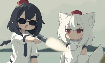 2girls animal_ears black_necktie black_wings blurry blurry_background blush closed_mouth collared_shirt commentary_request depth_of_field detached_sleeves firing gun handgun hat highres holding holding_gun holding_weapon inubashiri_momiji mini_hat mini_wings multiple_girls necktie oil-paper_umbrella open_mouth outrage_(2010_movie) overcast puffy_short_sleeves puffy_sleeves red_eyes red_hat saisoku_no_yukkuri shameimaru_aya shirt short_sleeves sky sleeveless sleeveless_shirt sunglasses tail tokin_hat touhou umbrella weapon weapon_request white_hair white_shirt white_sleeves wings wolf_ears wolf_girl wolf_tail