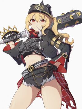 1girl baseball_bat belt black_belt black_jacket blonde_hair breasts chain commentary_request cowboy_shot crop_top cropped_jacket denim denim_shorts hand_on_own_hip harusame_(user_fxga4573) high_side_ponytail highres holding holding_weapon jacket looking_at_viewer luciana_de_montefio medium_breasts midriff navel red_eyes revision shorts simple_background solo spikes standing symbol_in_eye thighs weapon white_background zenless_zone_zero