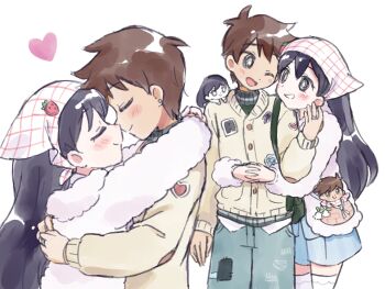 1boy 1girl antenna_hair bag black_eyes black_hair blue_pants blue_shorts blush bright_pupils brown_hair cardigan character_doll closed_mouth dark-skinned_male dark_skin denim doll double-parted_bangs hair_between_eyes handbag headscarf heart hero_(birthday)_(omori) hero_(faraway)_(omori) hero_(omori) hetero highres hug jacket jeans jewelry long_hair long_sleeves looking_at_another mari_(birthday)_(omori) mari_(faraway)_(omori) mari_(omori) mari_(spirit)_(omori) mihimihi31 official_alternate_costume omori one_eye_closed open_clothes open_jacket open_mouth pants ring short_hair shorts simple_background smile something_(omori) stuffed_toy sweater turtleneck turtleneck_sweater white_background white_cardigan white_headscarf white_jacket white_pupils